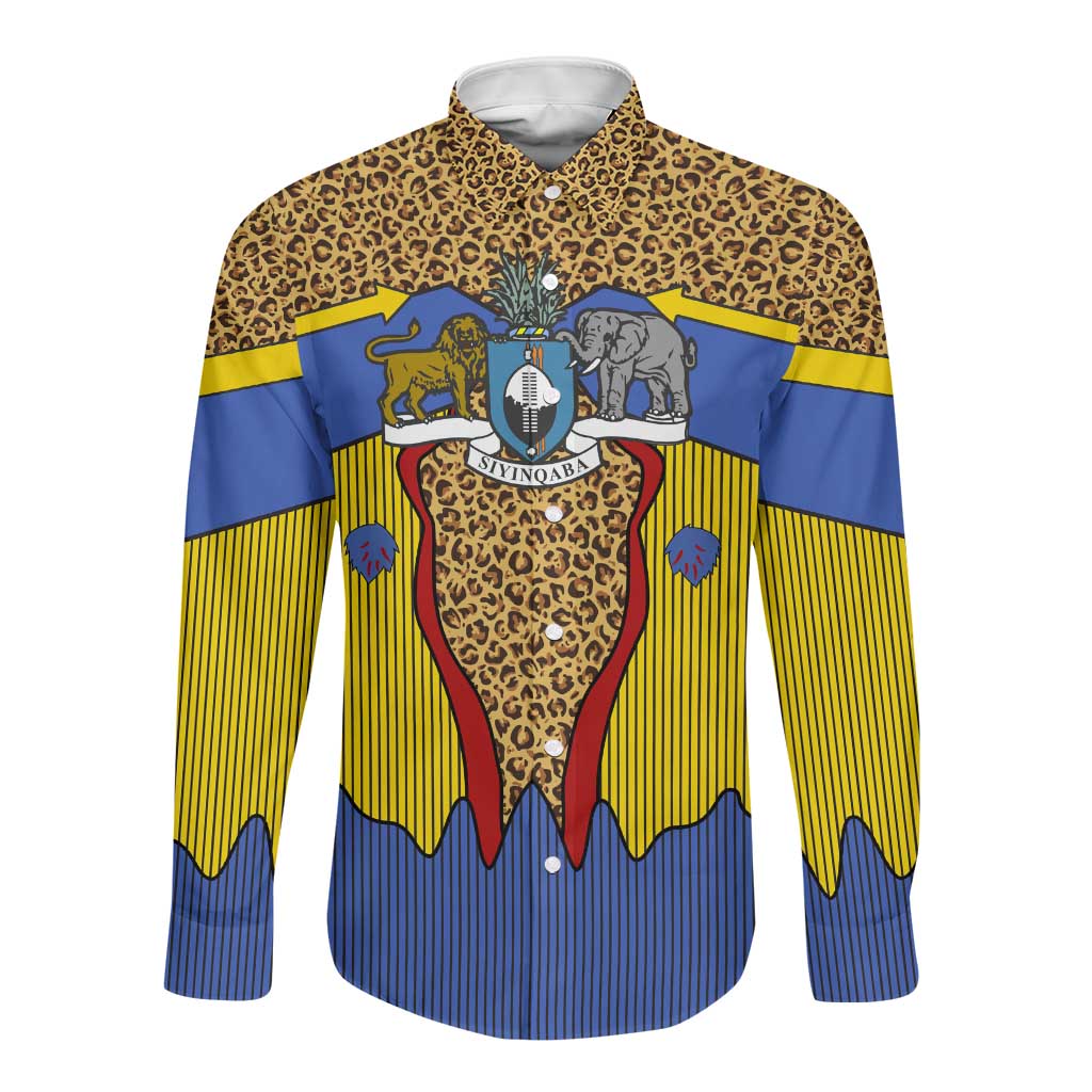 Swaziland Eswatini Long Sleeve Button Shirt Coat of Arms Lion Elephant Shield Leopard Print Design