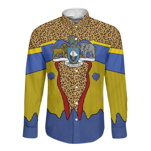 Swaziland Eswatini Long Sleeve Button Shirt Coat of Arms Lion Elephant Shield Leopard Print Design