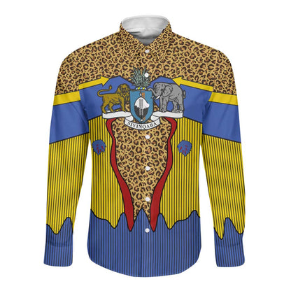 Swaziland Eswatini Long Sleeve Button Shirt Coat of Arms Lion Elephant Shield Leopard Print Design