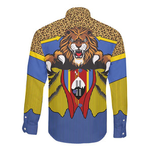 Swaziland Eswatini Long Sleeve Button Shirt Coat of Arms Lion Elephant Shield Leopard Print Design