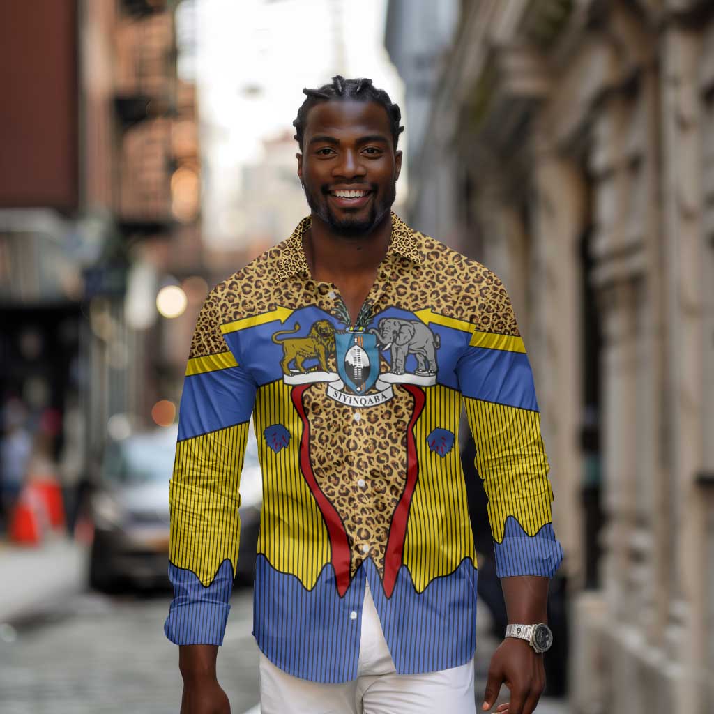 Swaziland Eswatini Long Sleeve Button Shirt Coat of Arms Lion Elephant Shield Leopard Print Design