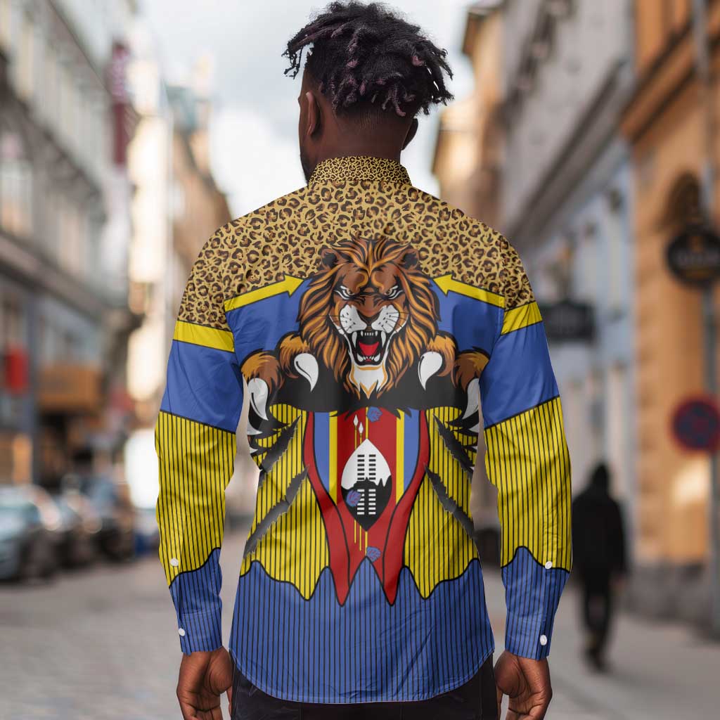 Swaziland Eswatini Long Sleeve Button Shirt Coat of Arms Lion Elephant Shield Leopard Print Design