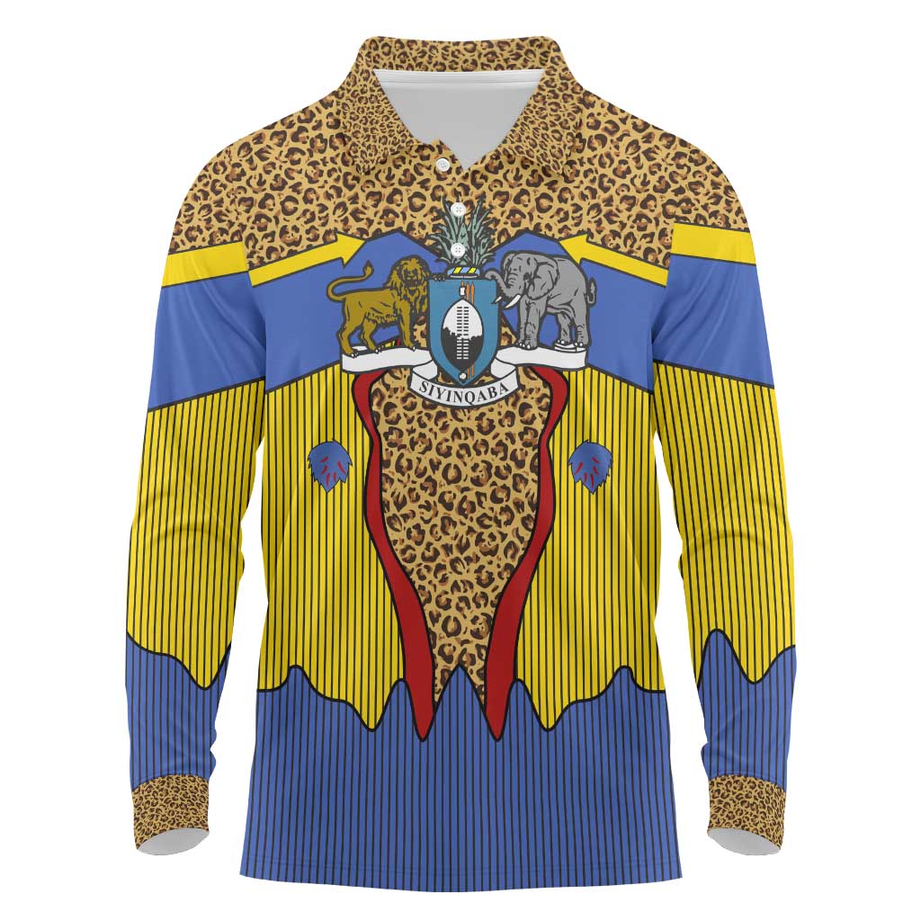 Swaziland Eswatini Long Sleeve Polo Shirt Coat of Arms Lion Elephant Shield Leopard Print Design