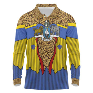 Swaziland Eswatini Long Sleeve Polo Shirt Coat of Arms Lion Elephant Shield Leopard Print Design