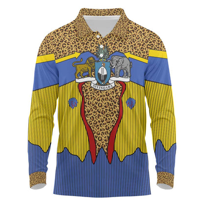 Swaziland Eswatini Long Sleeve Polo Shirt Coat of Arms Lion Elephant Shield Leopard Print Design