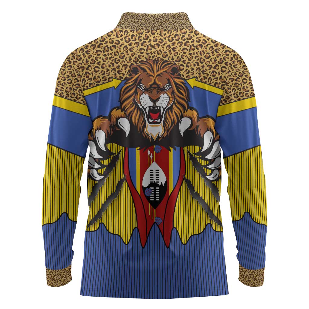 Swaziland Eswatini Long Sleeve Polo Shirt Coat of Arms Lion Elephant Shield Leopard Print Design