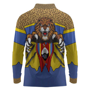 Swaziland Eswatini Long Sleeve Polo Shirt Coat of Arms Lion Elephant Shield Leopard Print Design