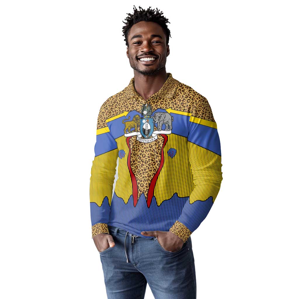 Swaziland Eswatini Long Sleeve Polo Shirt Coat of Arms Lion Elephant Shield Leopard Print Design