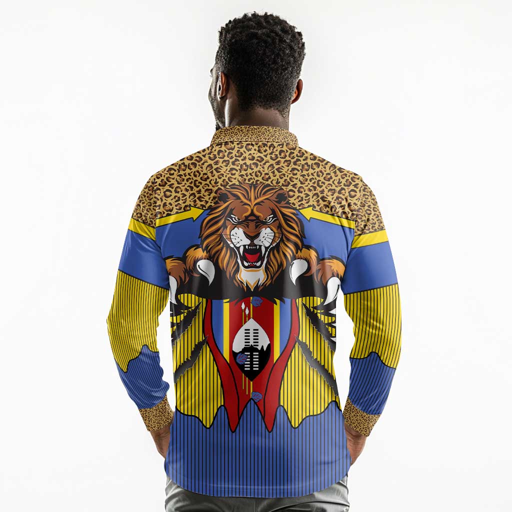Swaziland Eswatini Long Sleeve Polo Shirt Coat of Arms Lion Elephant Shield Leopard Print Design