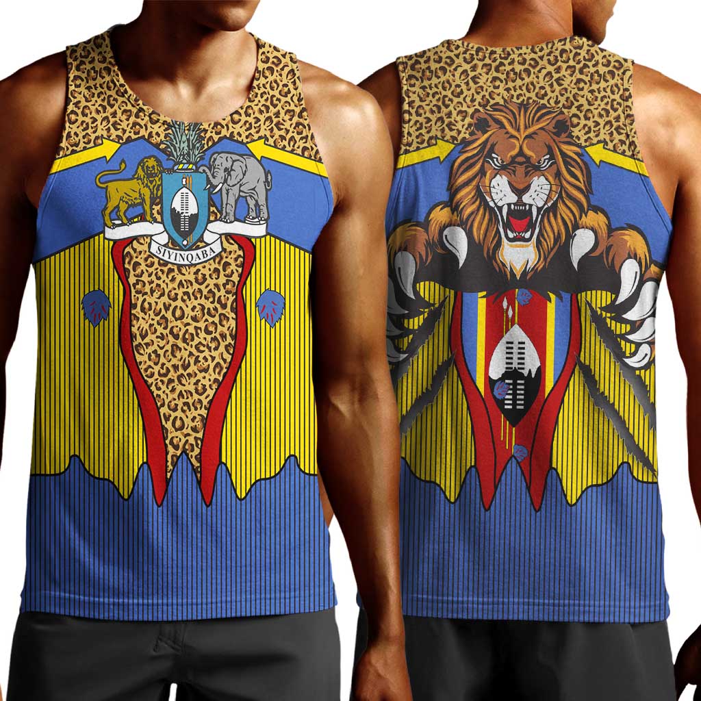 Swaziland Eswatini Men Tank Top Coat of Arms Lion Elephant Shield Leopard Print Design