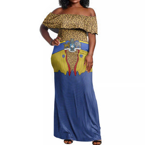 Swaziland Eswatini Off Shoulder Maxi Dress Coat of Arms Lion Elephant Shield Leopard Print Design