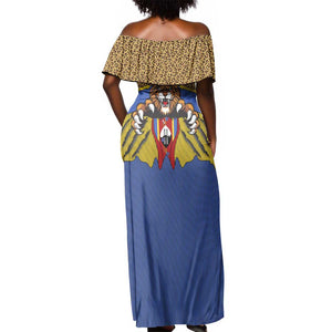 Swaziland Eswatini Off Shoulder Maxi Dress Coat of Arms Lion Elephant Shield Leopard Print Design