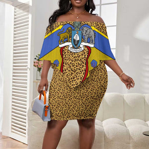 Swaziland Eswatini Off Shoulder Short Dress Coat of Arms Lion Elephant Shield Leopard Print Design