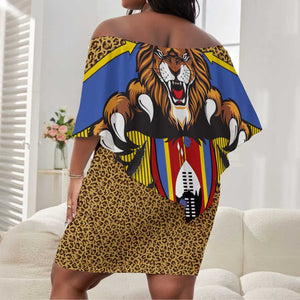 Swaziland Eswatini Off Shoulder Short Dress Coat of Arms Lion Elephant Shield Leopard Print Design