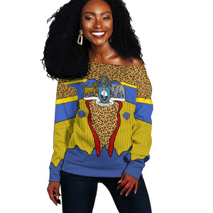 Swaziland Eswatini Off Shoulder Sweater Coat of Arms Lion Elephant Shield Leopard Print Design