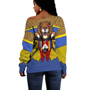 Swaziland Eswatini Off Shoulder Sweater Coat of Arms Lion Elephant Shield Leopard Print Design