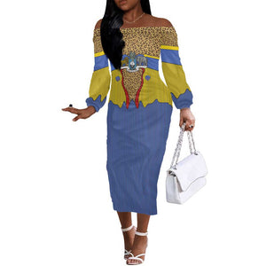 Swaziland Eswatini Off The Shoulder Long Sleeve Dress Coat of Arms Lion Elephant Shield Leopard Print Design