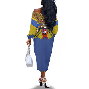 Swaziland Eswatini Off The Shoulder Long Sleeve Dress Coat of Arms Lion Elephant Shield Leopard Print Design