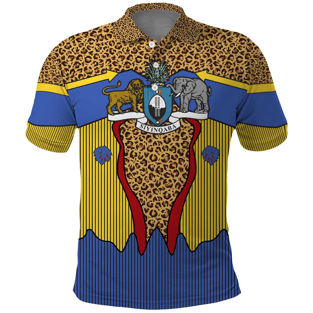 Swaziland Eswatini Polo Shirt Coat of Arms Lion Elephant Shield Leopard Print Design