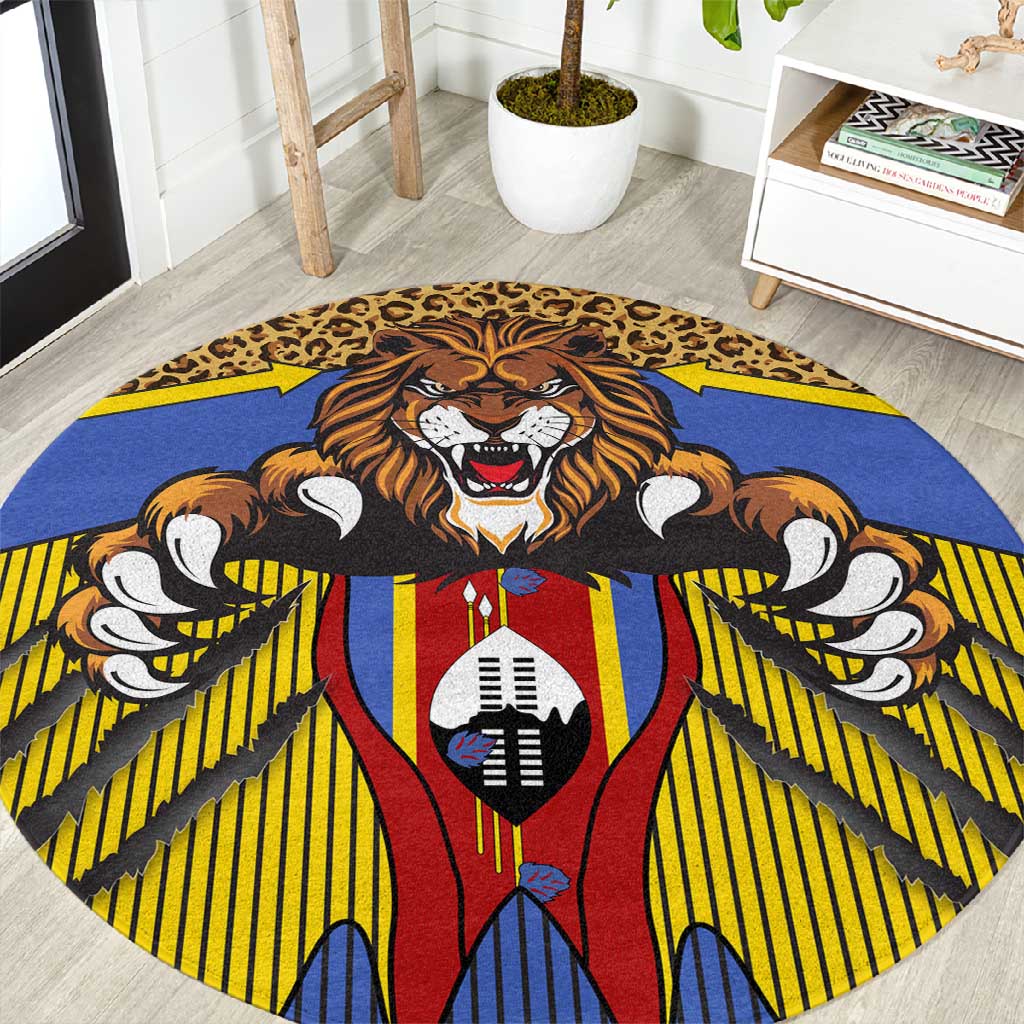 Swaziland Eswatini Round Carpet Coat of Arms Lion Elephant Shield Leopard Print Design