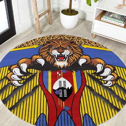 Swaziland Eswatini Round Carpet Coat of Arms Lion Elephant Shield Leopard Print Design