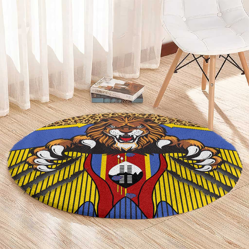 Swaziland Eswatini Round Carpet Coat of Arms Lion Elephant Shield Leopard Print Design