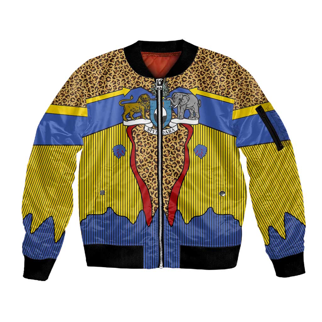 Swaziland Eswatini Sleeve Zip Bomber Jacket Coat of Arms Lion Elephant Shield Leopard Print Design