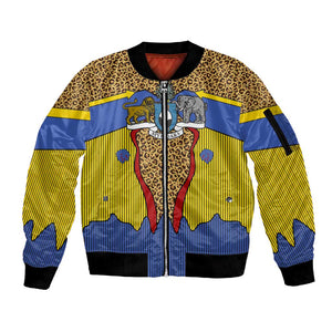 Swaziland Eswatini Sleeve Zip Bomber Jacket Coat of Arms Lion Elephant Shield Leopard Print Design