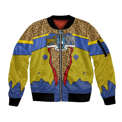 Swaziland Eswatini Sleeve Zip Bomber Jacket Coat of Arms Lion Elephant Shield Leopard Print Design