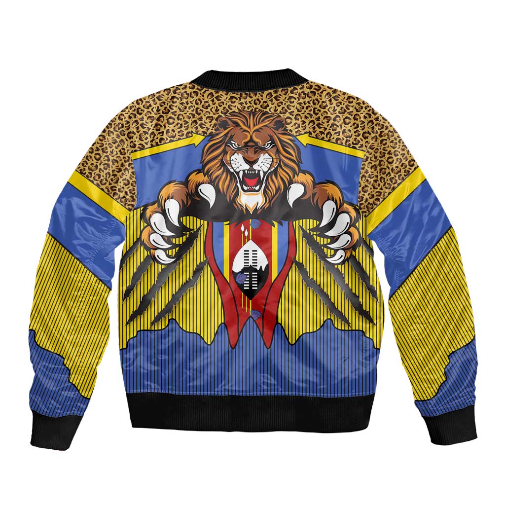 Swaziland Eswatini Sleeve Zip Bomber Jacket Coat of Arms Lion Elephant Shield Leopard Print Design