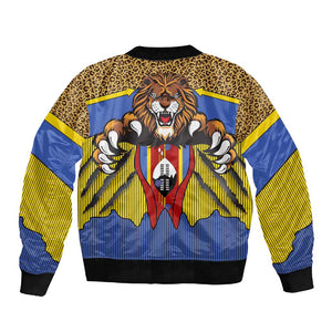 Swaziland Eswatini Sleeve Zip Bomber Jacket Coat of Arms Lion Elephant Shield Leopard Print Design