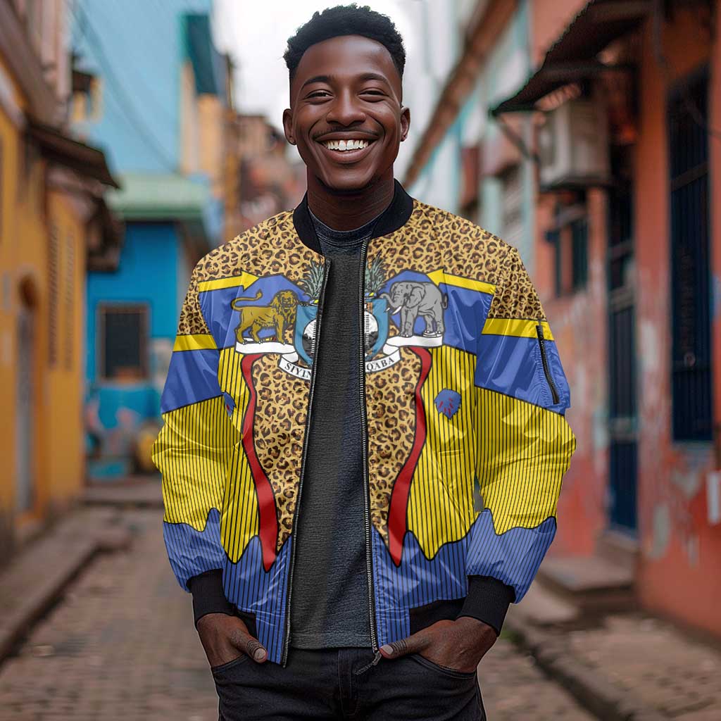Swaziland Eswatini Sleeve Zip Bomber Jacket Coat of Arms Lion Elephant Shield Leopard Print Design