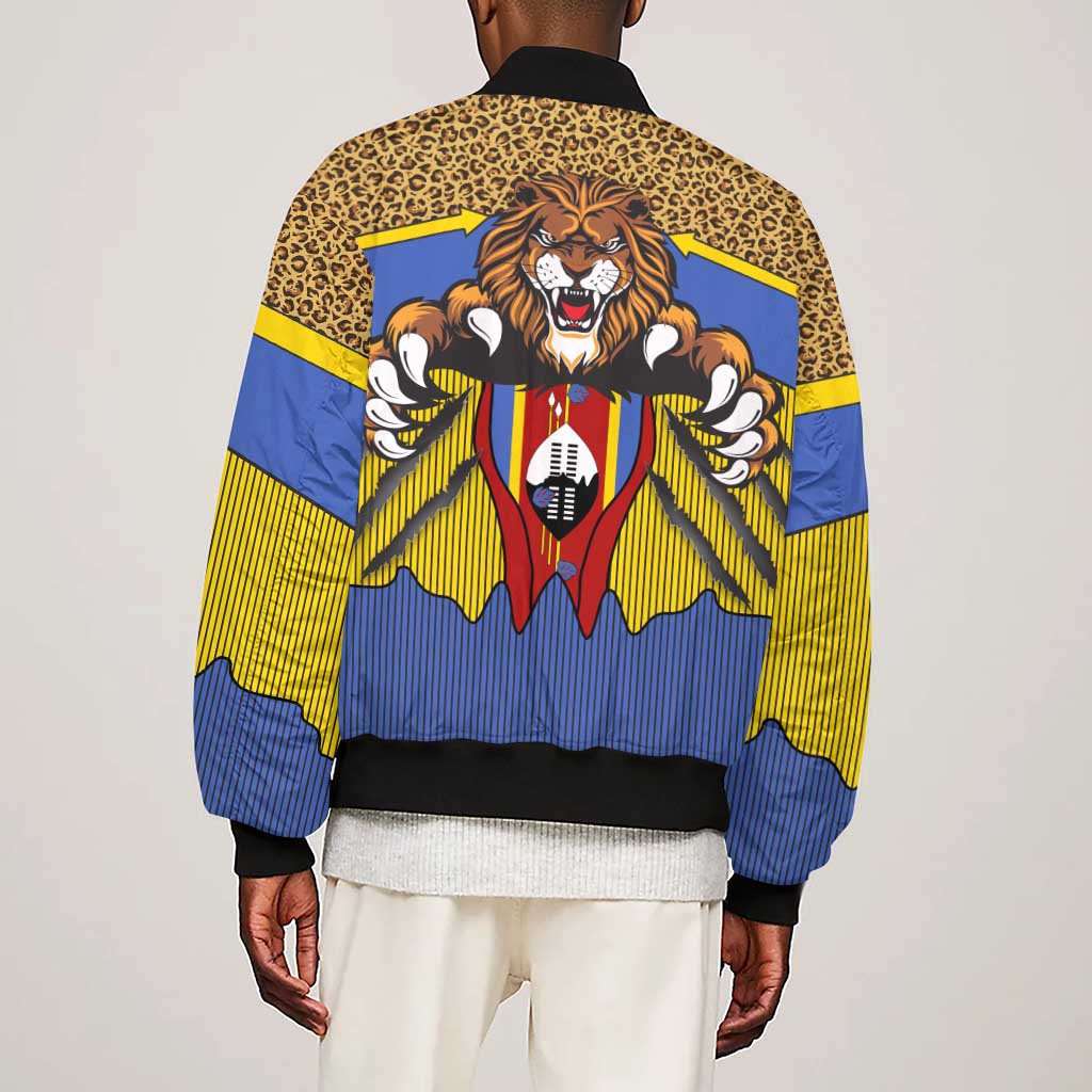 Swaziland Eswatini Sleeve Zip Bomber Jacket Coat of Arms Lion Elephant Shield Leopard Print Design