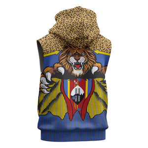 Swaziland Eswatini Sleeveless Zip Hoodie Coat of Arms Lion Elephant Shield Leopard Print Design - African Pride