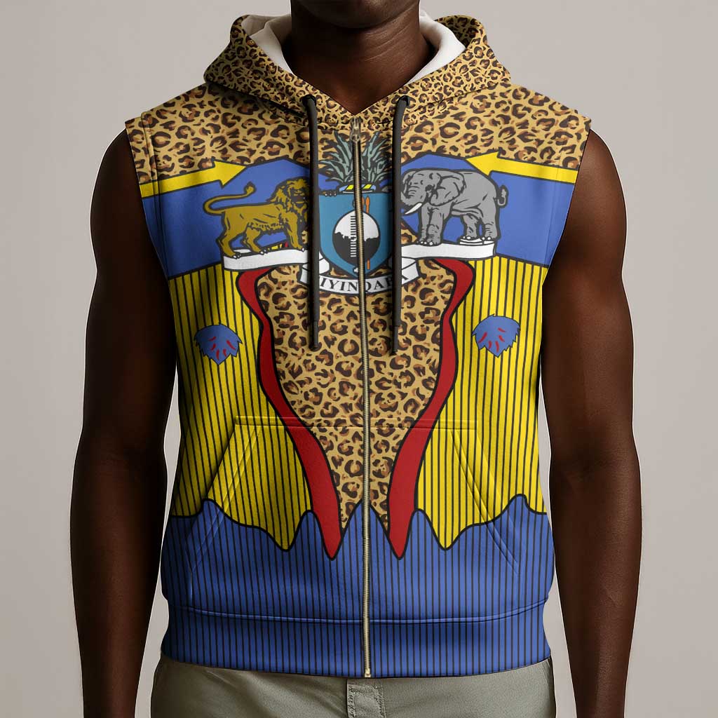 Swaziland Eswatini Sleeveless Zip Hoodie Coat of Arms Lion Elephant Shield Leopard Print Design - African Pride
