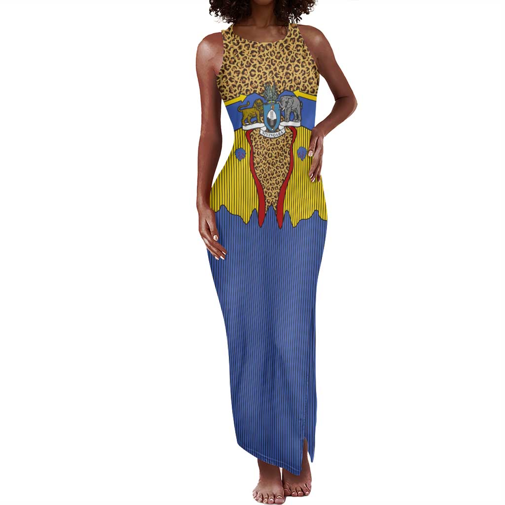 Swaziland Eswatini Tank Maxi Dress Coat of Arms Lion Elephant Shield Leopard Print Design