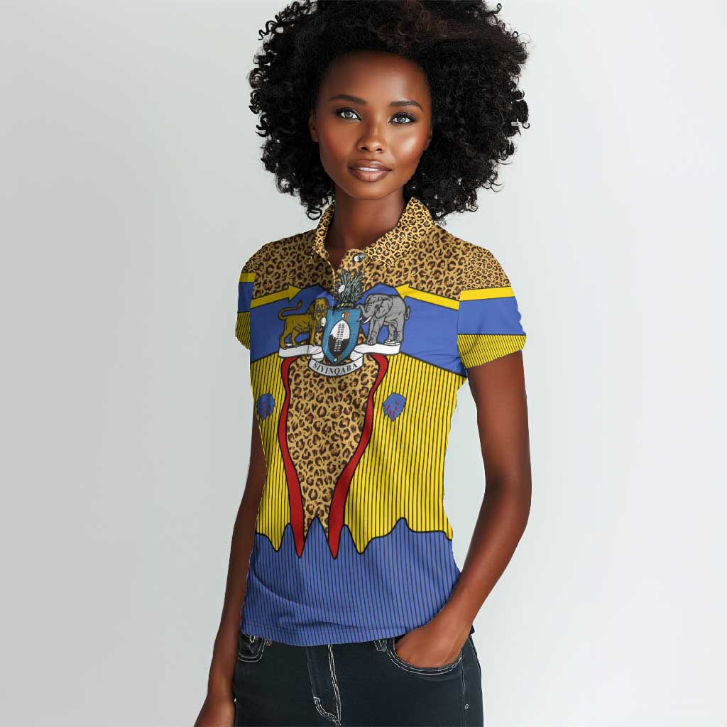 Swaziland Eswatini Women Polo Shirt Coat of Arms Lion Elephant Shield Leopard Print Design