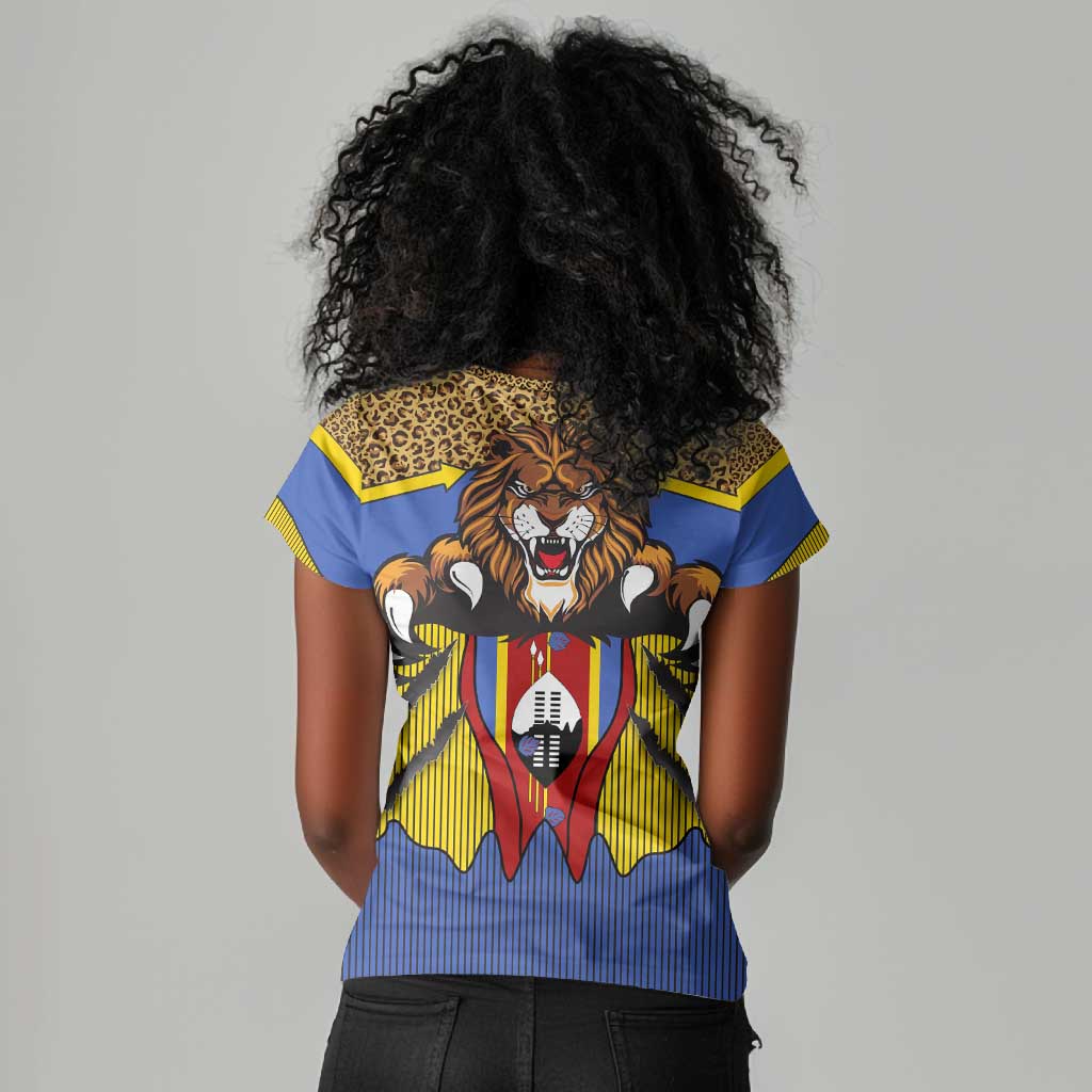 Swaziland Eswatini Women V-Neck T-Shirt Coat of Arms Lion Elephant Shield Leopard Print Design