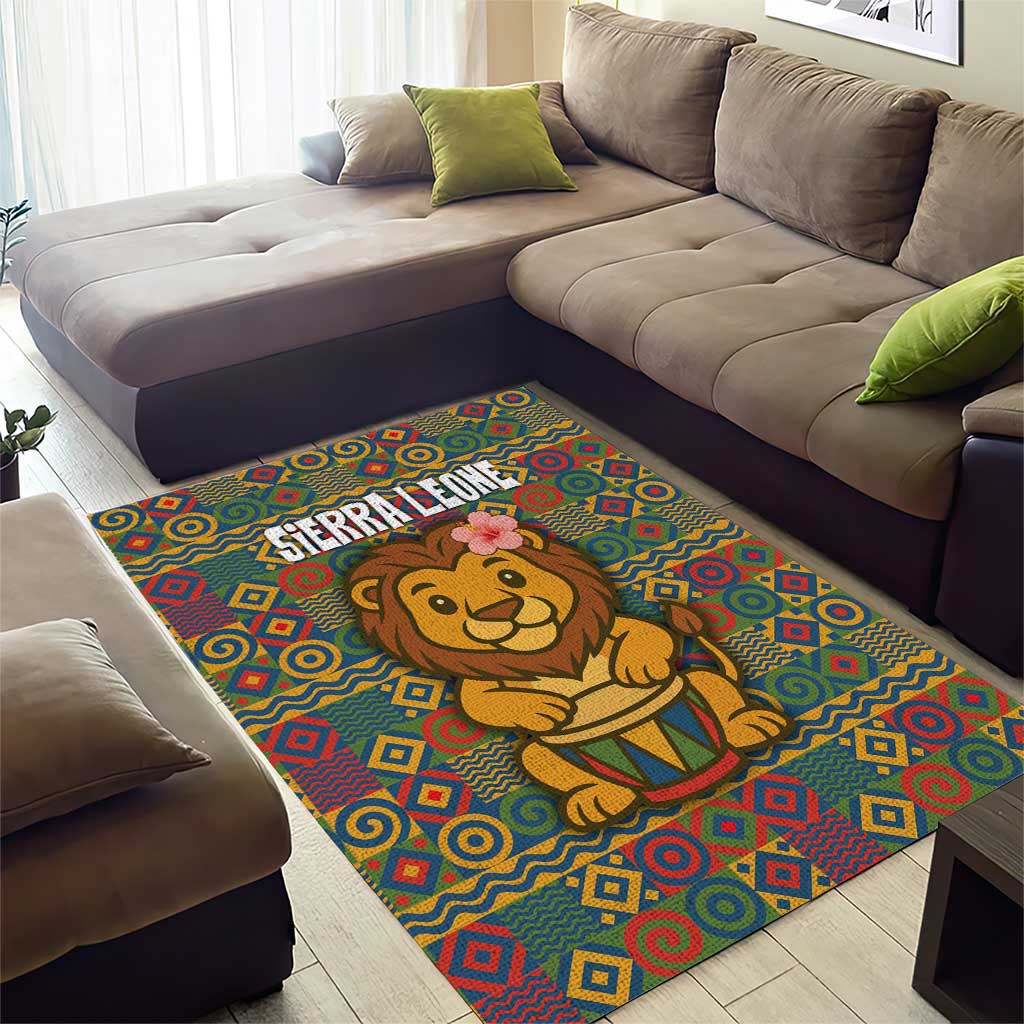 Sierra Leone Area Rug - Cute Lion Playing Djembe Drum and Tribal Pattern Design