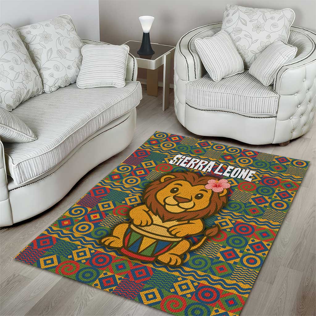 Sierra Leone Area Rug - Cute Lion Playing Djembe Drum and Tribal Pattern Design