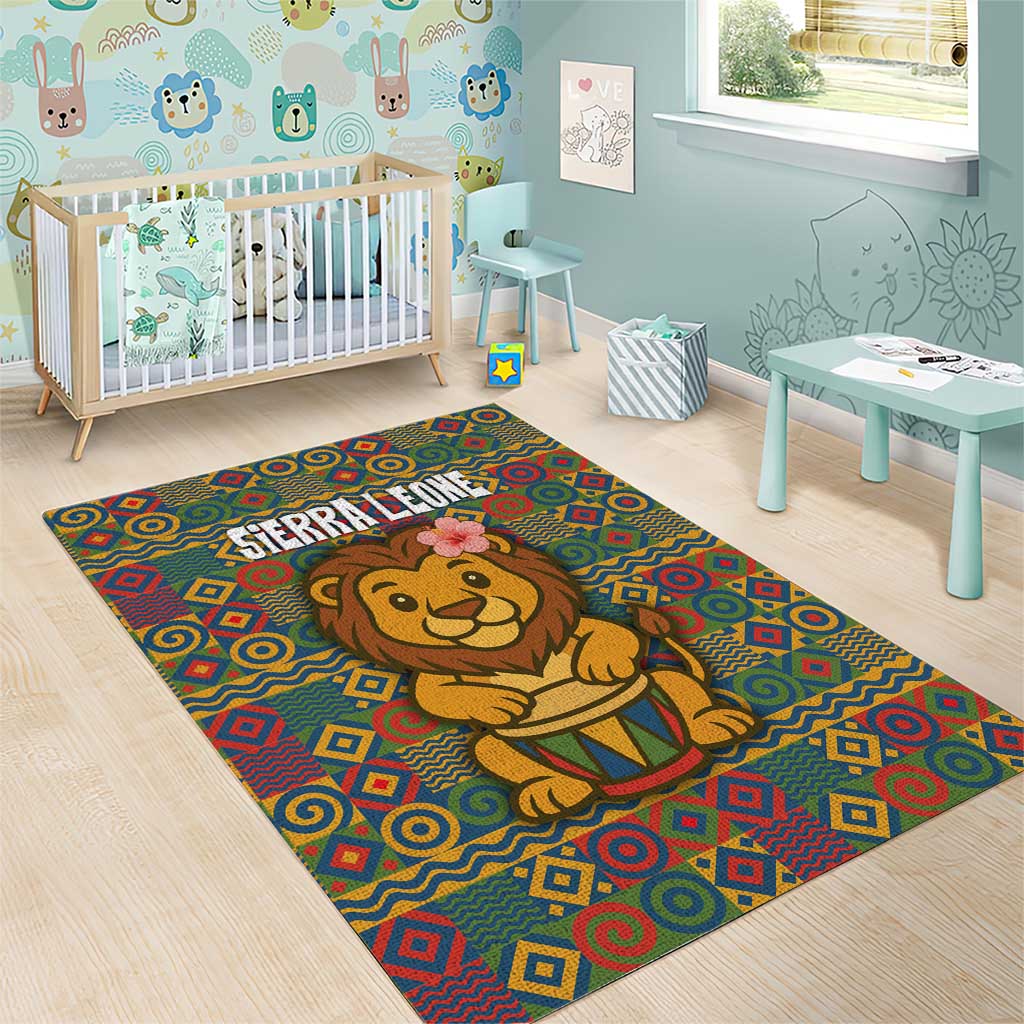 Sierra Leone Area Rug - Cute Lion Playing Djembe Drum and Tribal Pattern Design