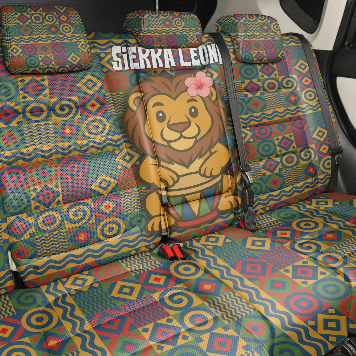 Sierra Leone Back Car Seat Cover - Cute Lion Playing Djembe Drum and Tribal Pattern Design