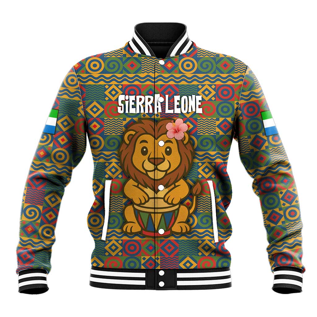 Sierra Leone Baseball Jacket - Cute Lion Playing Djembe Drum and Tribal Pattern Design