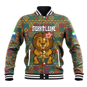 Sierra Leone Baseball Jacket - Cute Lion Playing Djembe Drum and Tribal Pattern Design
