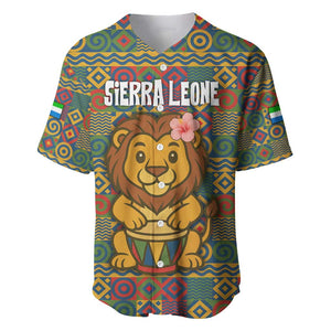 Sierra Leone Baseball Jersey - Cute Lion Playing Djembe Drum and Tribal Pattern Design