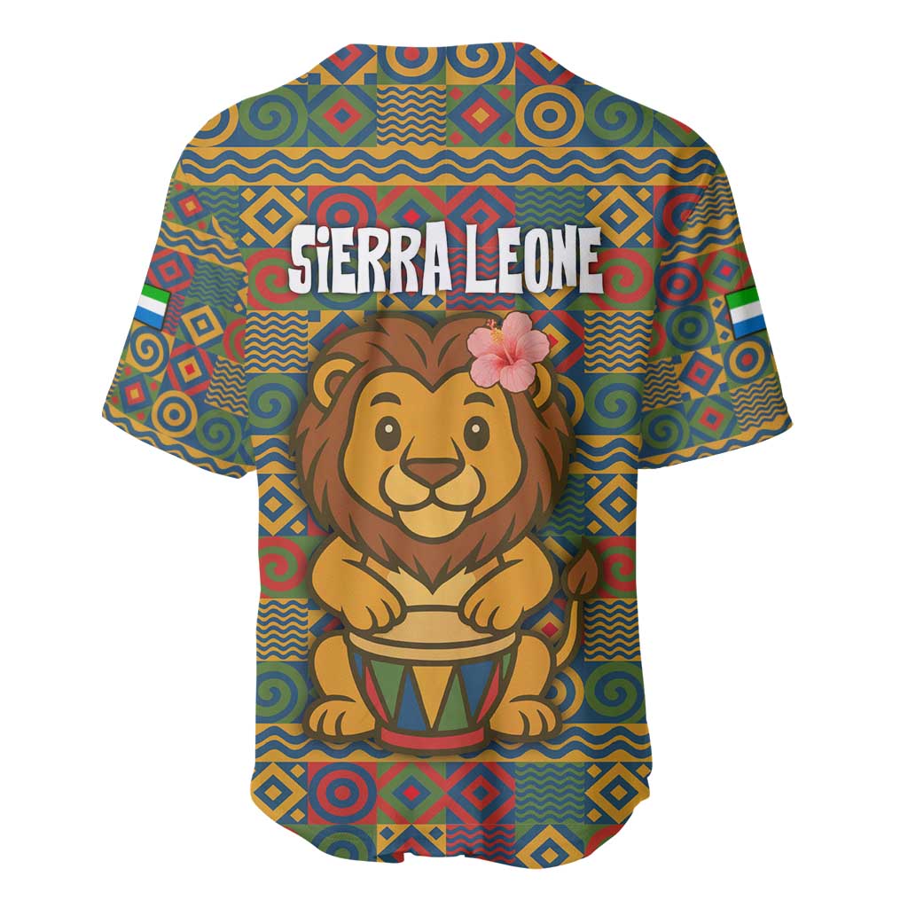 Sierra Leone Baseball Jersey - Cute Lion Playing Djembe Drum and Tribal Pattern Design