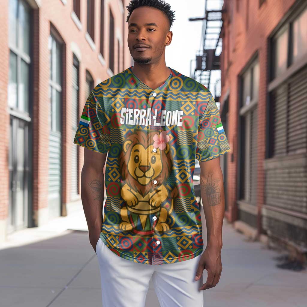 Sierra Leone Baseball Jersey - Cute Lion Playing Djembe Drum and Tribal Pattern Design