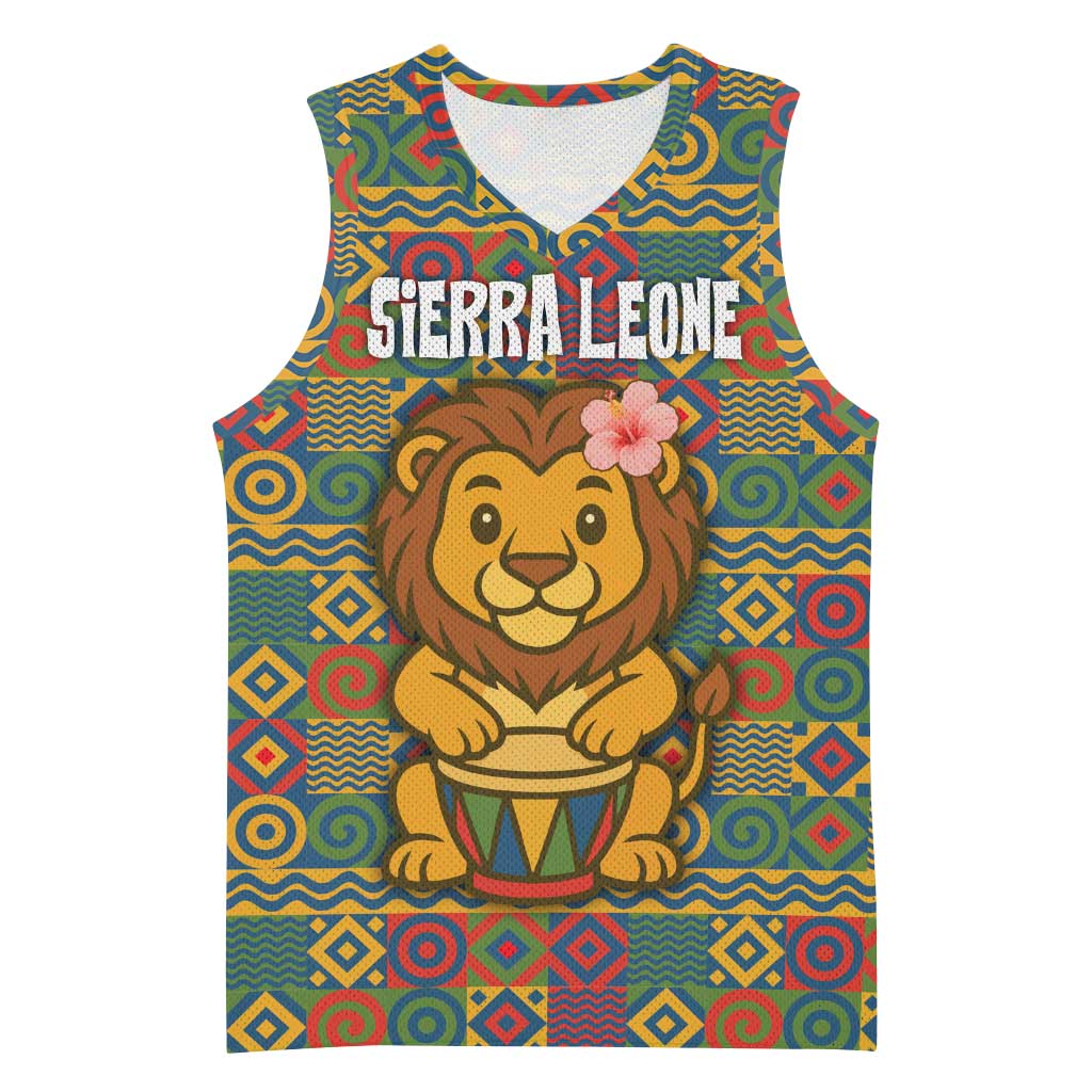 Sierra Leone Basketball Jersey - Cute Lion Playing Djembe Drum and Tribal Pattern Design - African Pride