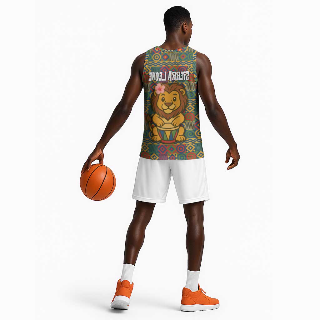 Sierra Leone Basketball Jersey - Cute Lion Playing Djembe Drum and Tribal Pattern Design - African Pride