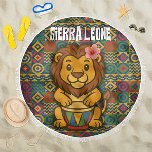 Sierra Leone Beach Blanket - Cute Lion Playing Djembe Drum and Tribal Pattern Design